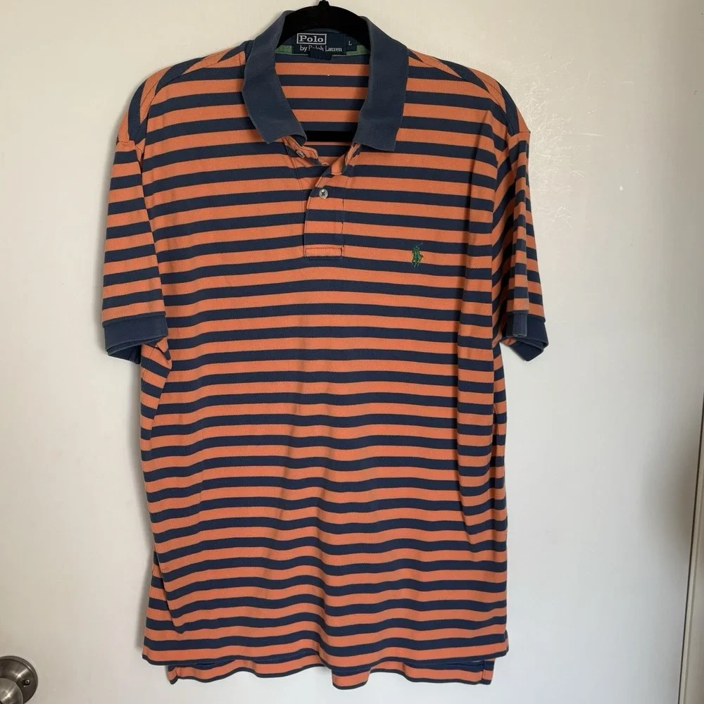 Vintage Ralph Lauren Polo Orange Blue Striped Polo Shirt Mens Large Pony Preppy